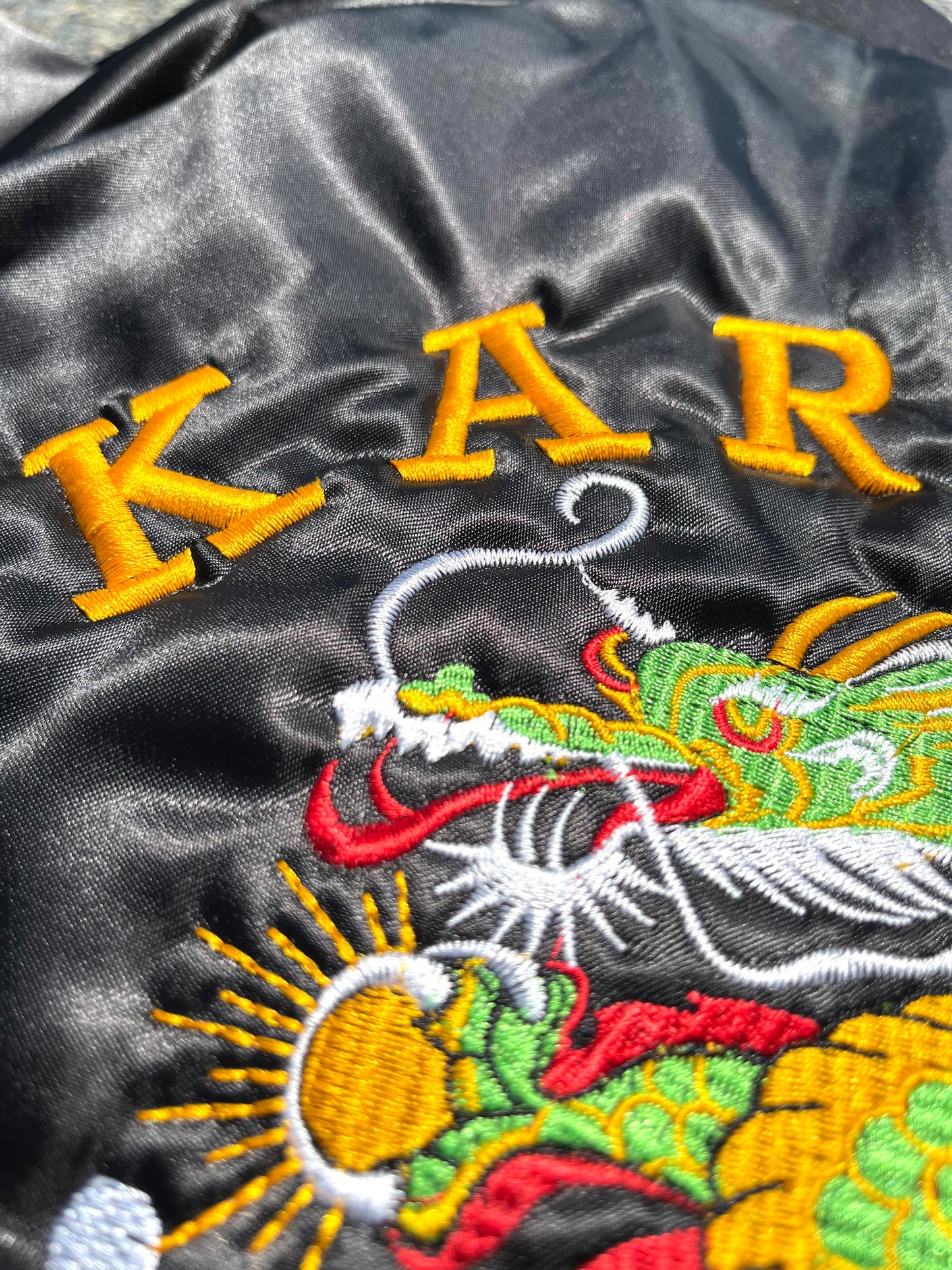 Vintage Karate Embroidered Dragon Asian Black Satin Bomber Jacket Mens Size S Small