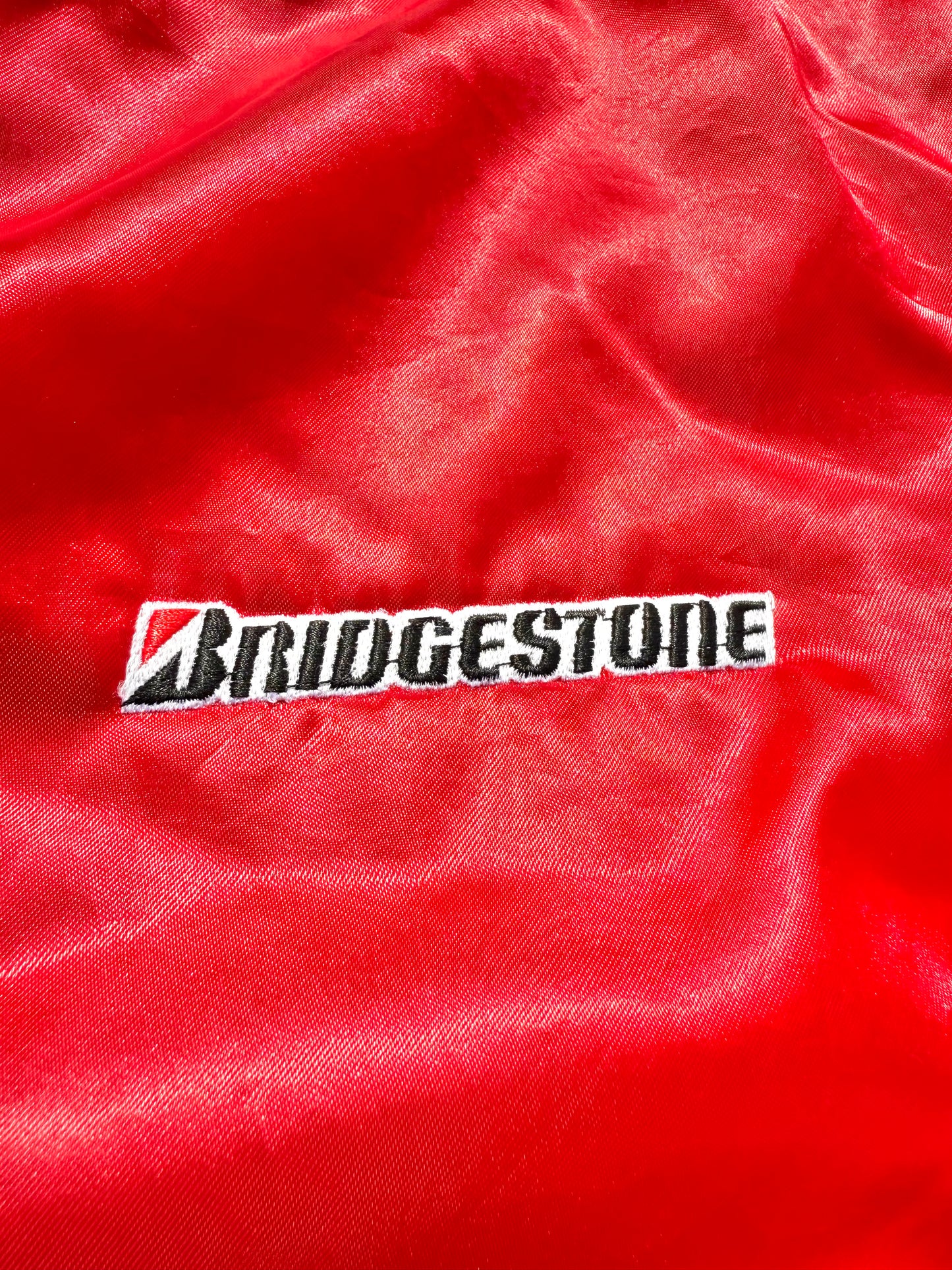Vintage Swingster Bridgestone Tires Retro 80's Car Satin Bomber Jacket XL Red