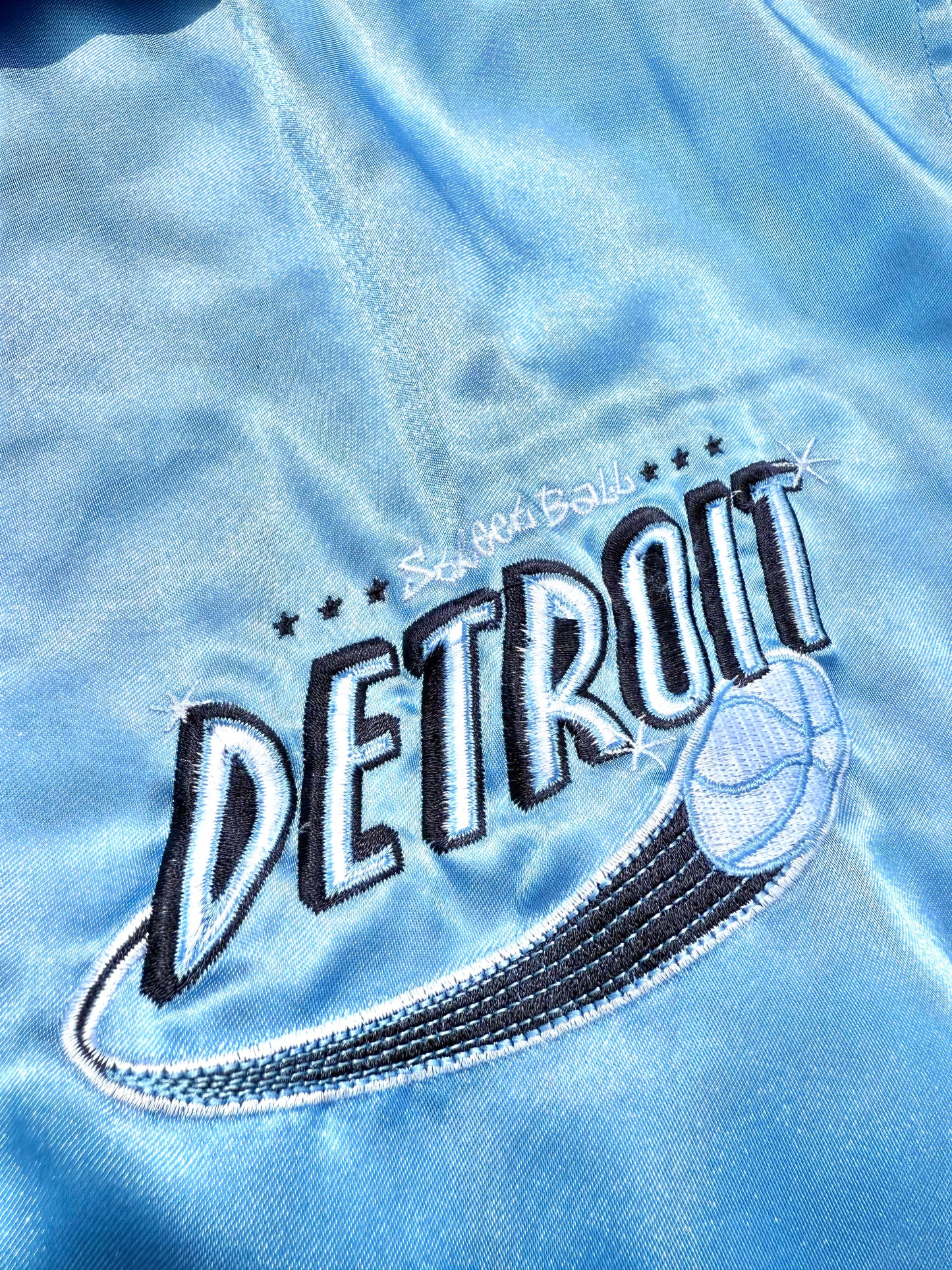 Vintage Steve and Barry's Detroit Street Ball Basketball Satin Bomber Jacket Size XL Baby Blue