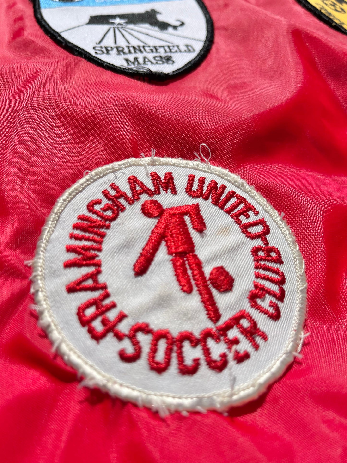 Vintage 80's Retro Massachusetts Soccer "Maureen" Patch Covered Bomber Coach Jacket Size M Medium