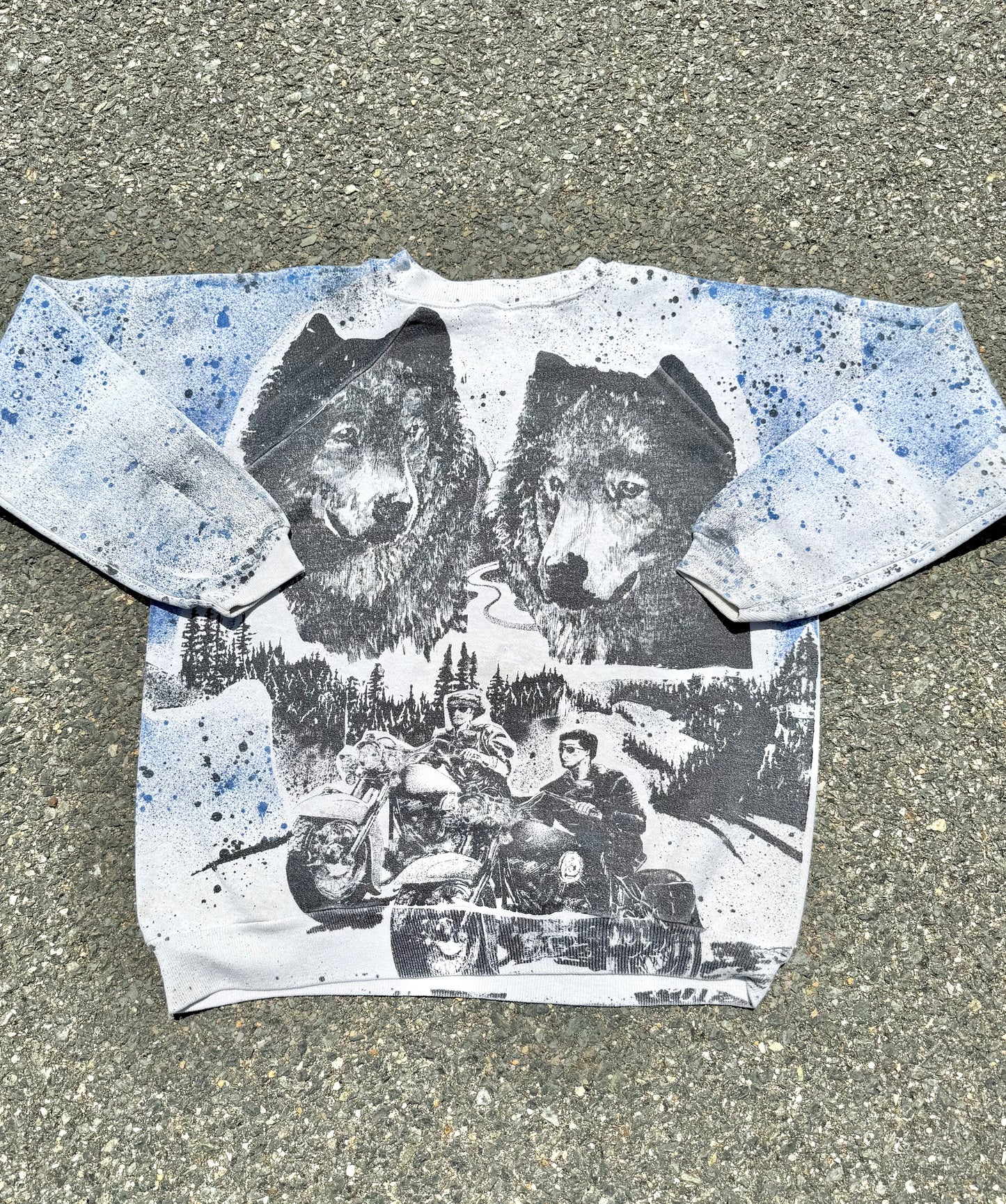 Vintage All over Print Nature Wolves Motorcycle Biker Crewneck Sweatshirt Size M Medium