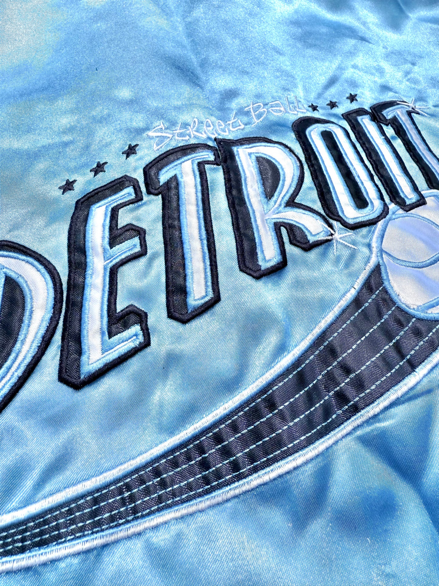 Vintage Steve and Barry's Detroit Street Ball Basketball Satin Bomber Jacket Size XL Baby Blue