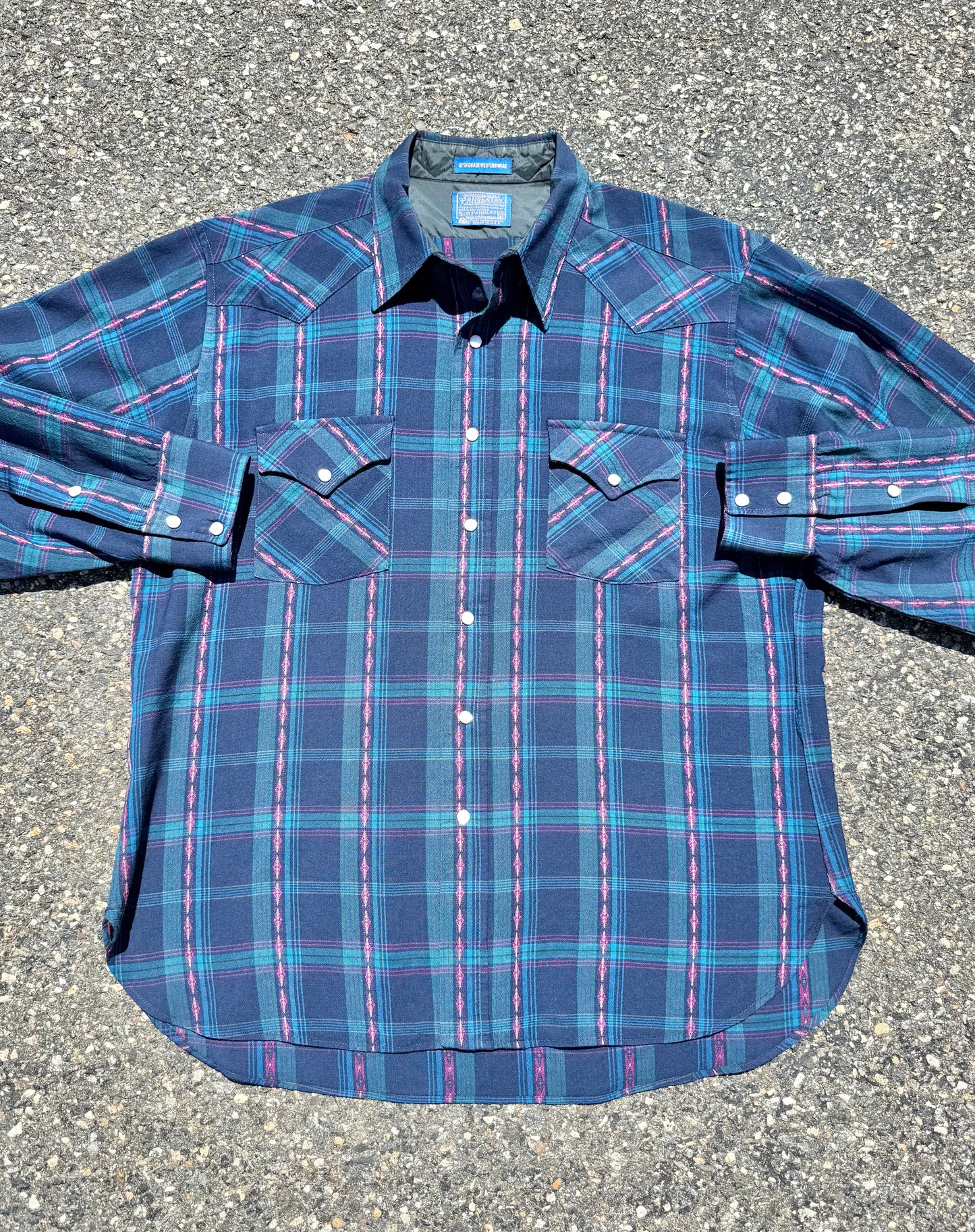 Vintage Pendleton High Grade Western Wear Pearl Snap Wool Board Shirt XL Blue With Pink