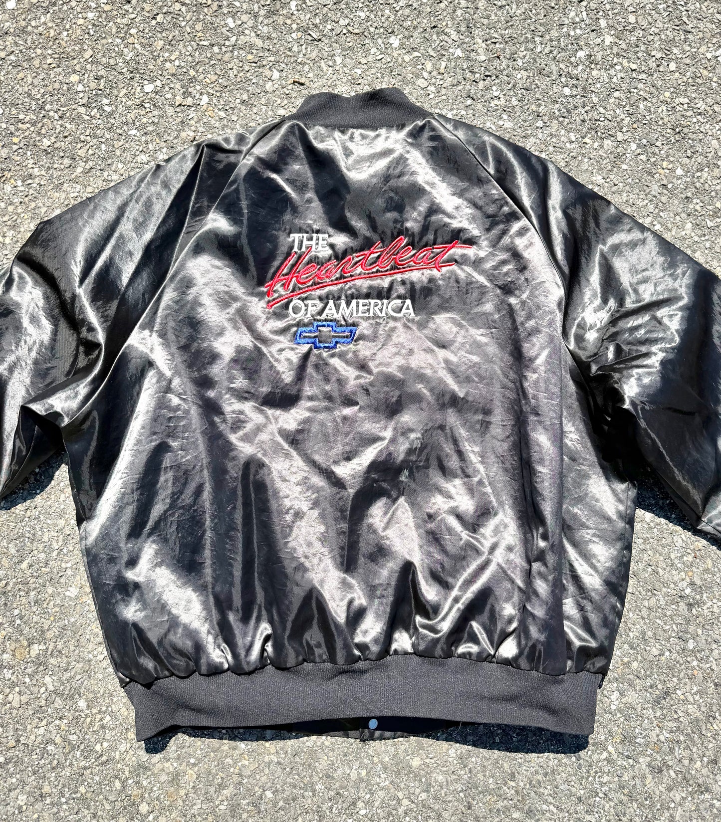 Vintage Chevy Chevrolet 80's Retro Embroidered Black Satin Bomber Jacket 2XL