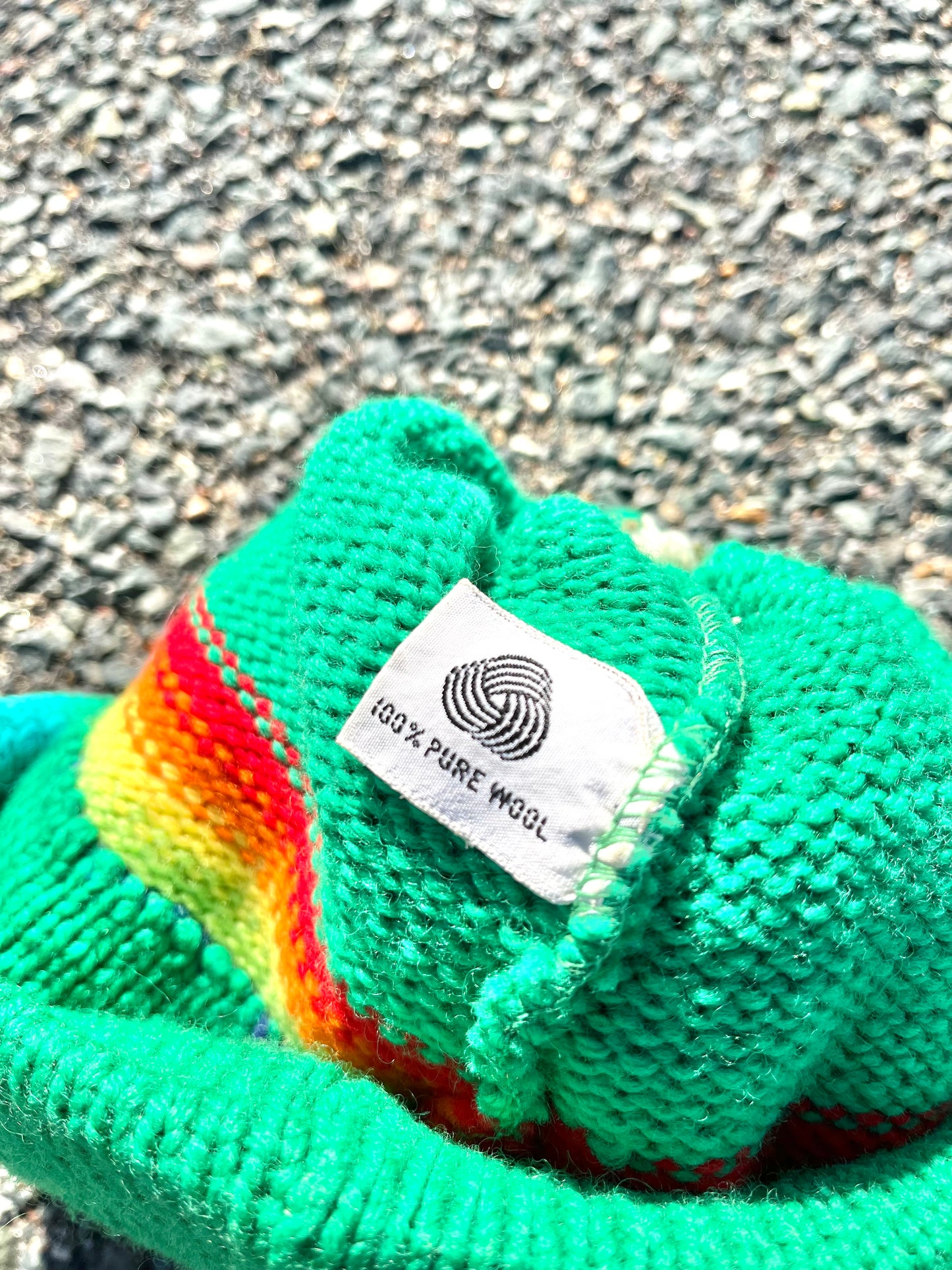 Vintage 70's 80's Retro Rainbow Knit Pure Wool Pom Pom Beanie Winter Hat