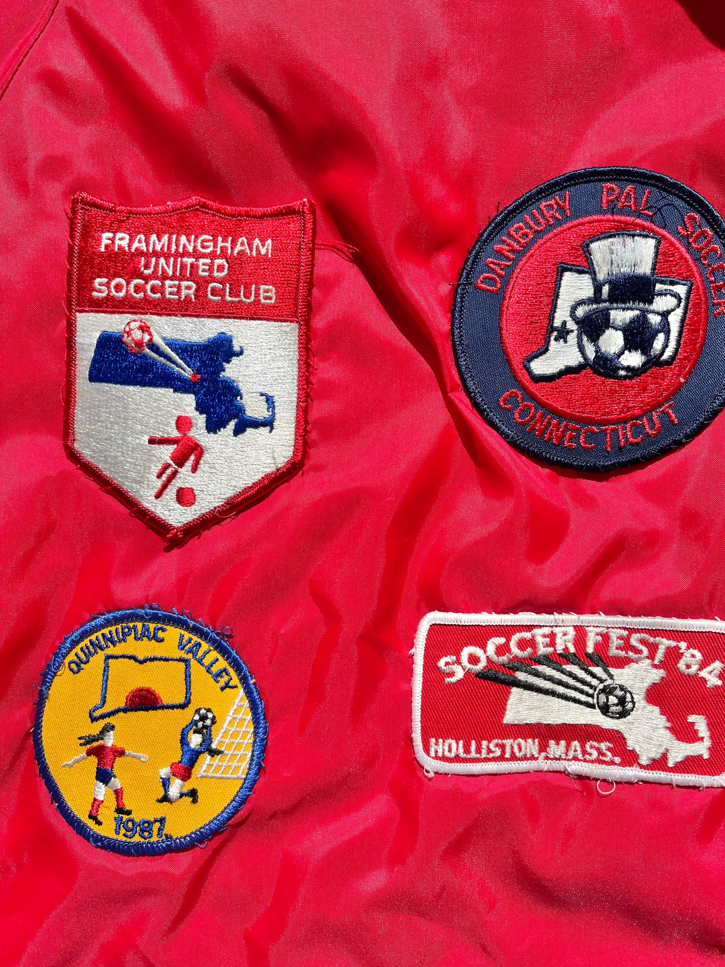 Vintage 80's Retro Massachusetts Soccer "Maureen" Patch Covered Bomber Coach Jacket Size M Medium