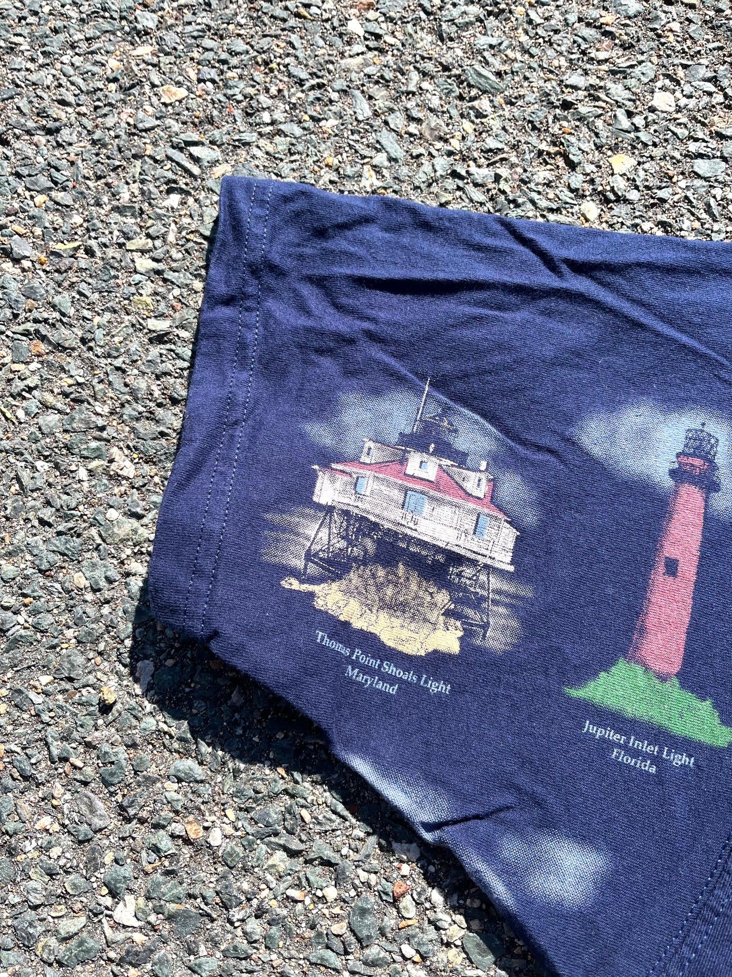 Vintage American Coastal Lighthouse 90's All Over Print AOP T Shirt Size 2XL Navy Blue