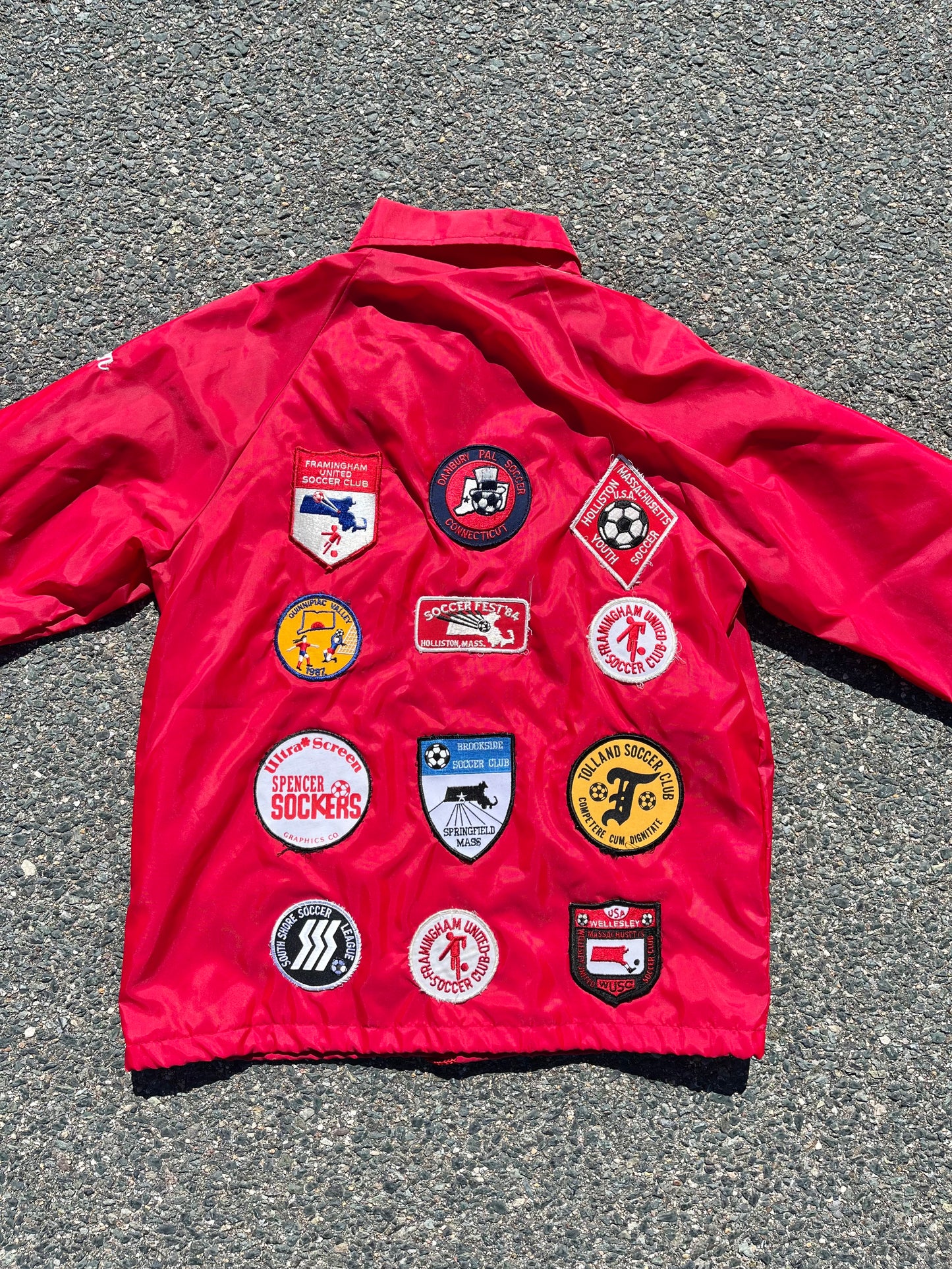 Vintage 80's Retro Massachusetts Soccer "Maureen" Patch Covered Bomber Coach Jacket Size M Medium