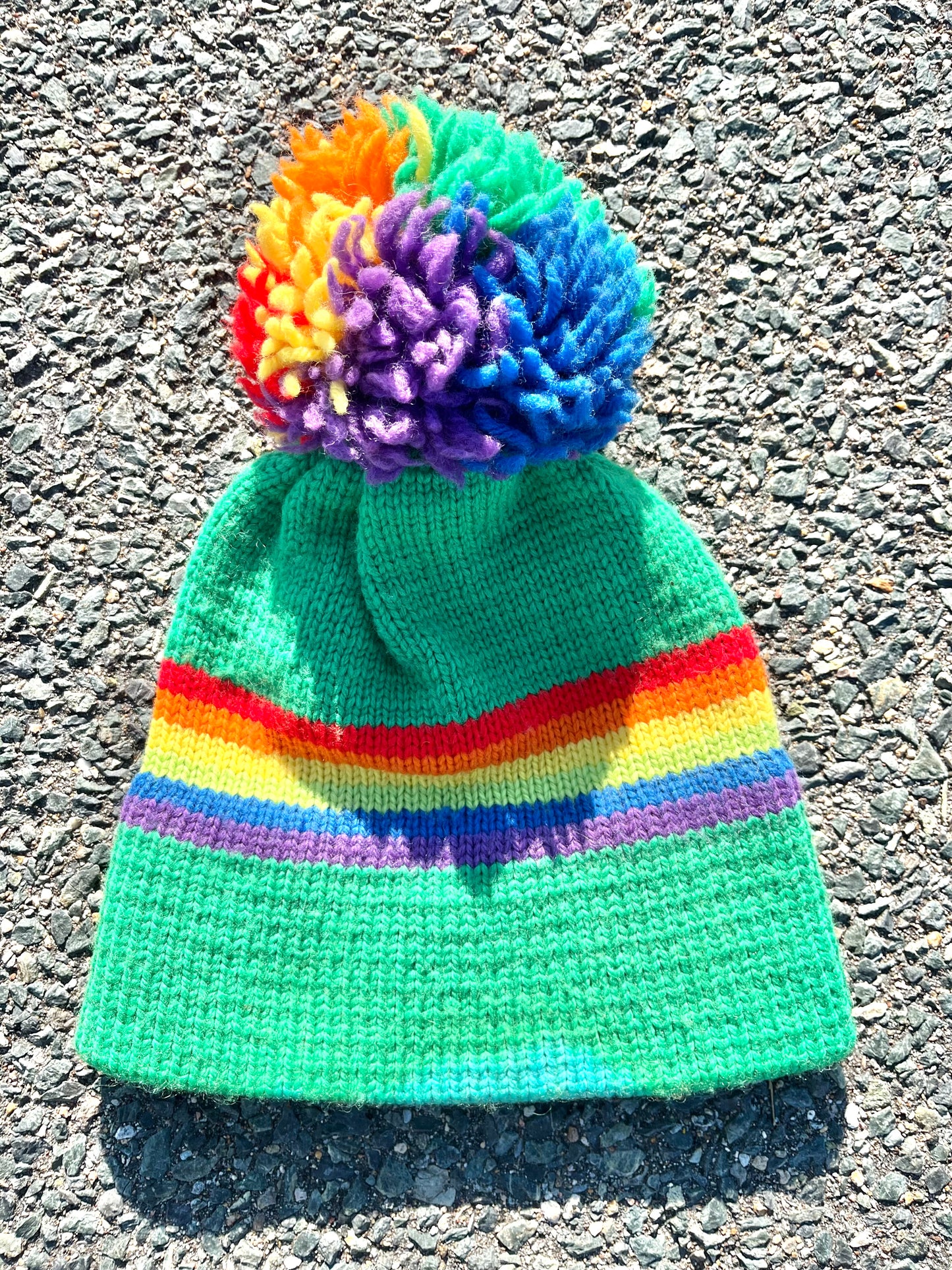 Vintage 70's 80's Retro Rainbow Knit Pure Wool Pom Pom Beanie Winter Hat