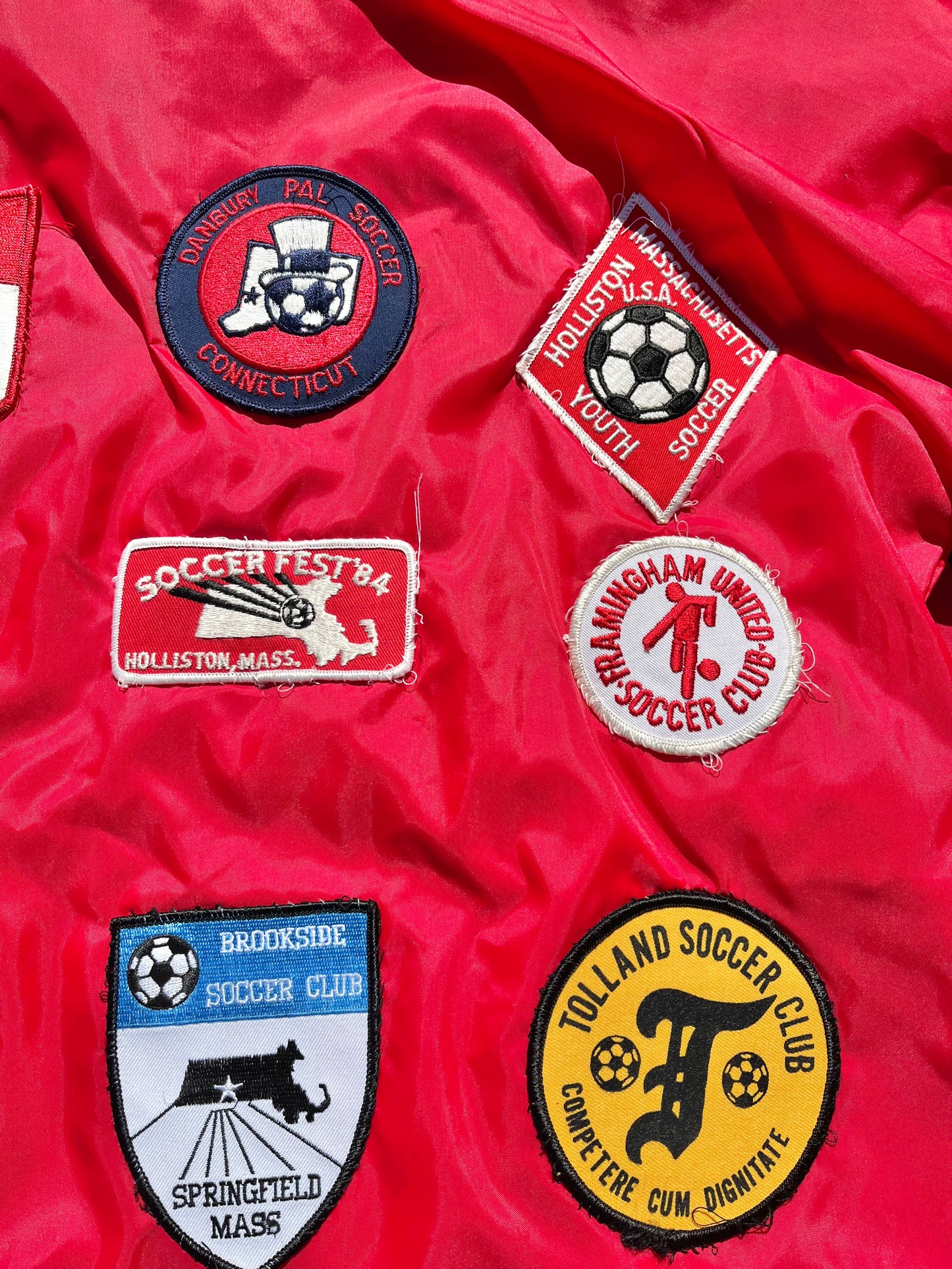 Vintage 80's Retro Massachusetts Soccer "Maureen" Patch Covered Bomber Coach Jacket Size M Medium