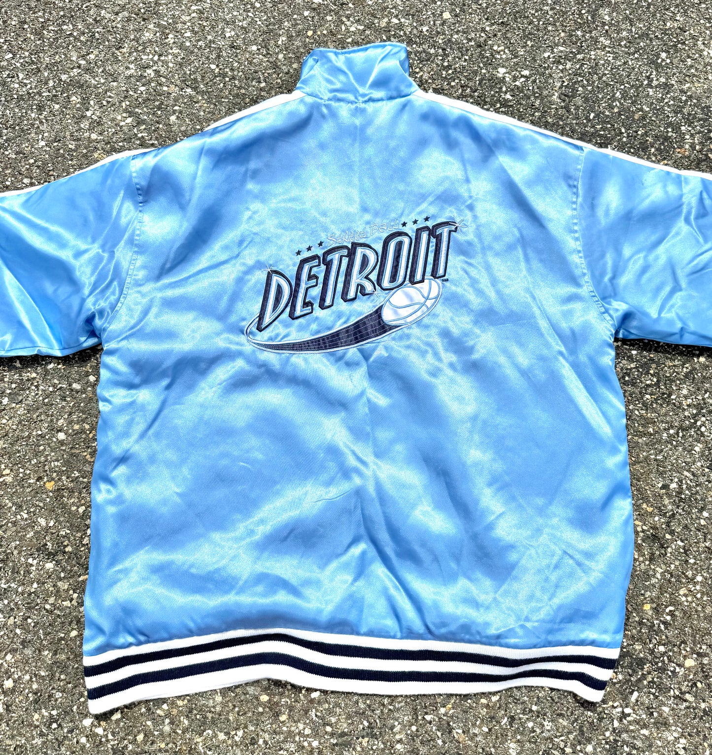 Vintage Steve and Barry's Detroit Street Ball Basketball Satin Bomber Jacket Size XL Baby Blue