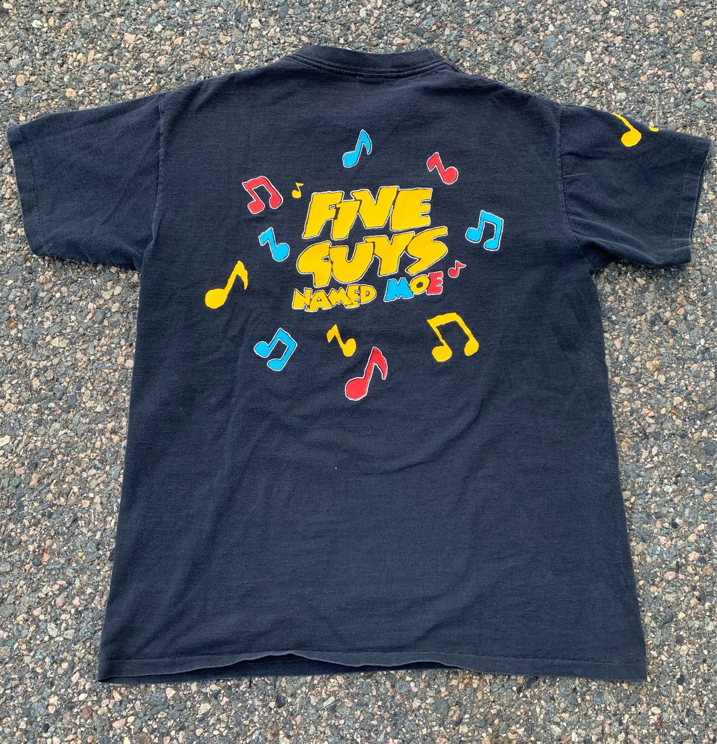 Vintage "Five Guys Named Moe" 90's All Over Print West End Musical Production Jazz Band T Shirt Size Large Made in USA and Single Stitch