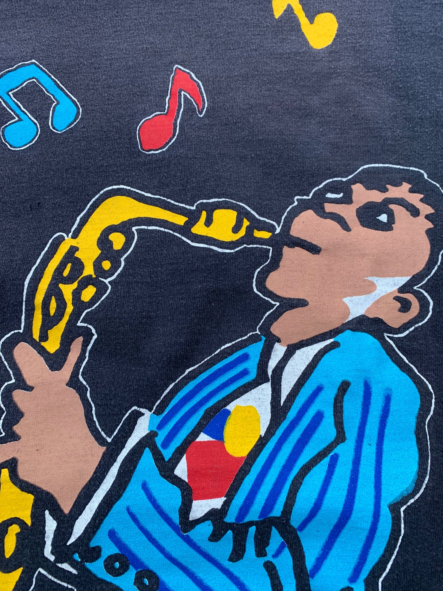 Vintage "Five Guys Named Moe" 90's All Over Print West End Musical Production Jazz Band T Shirt Size Large Made in USA and Single Stitch