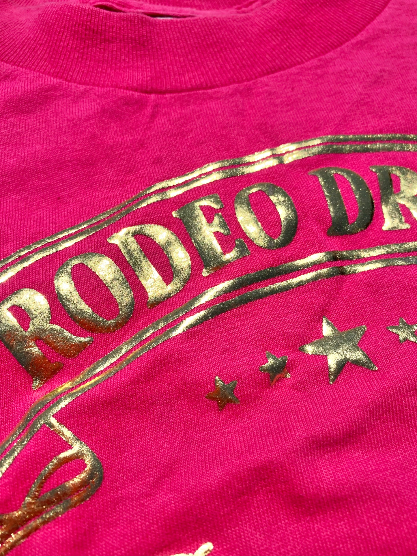 Vintage Rodeo Drive Beverly Hills California Hot Pink and Glittery Gold Single Stitch T-shirt Men's Size Large Made In The USA