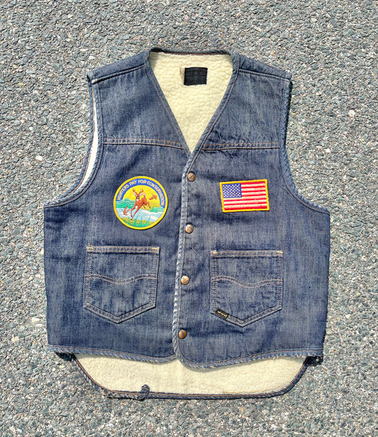 Vintage Roebucks Retro Sherpa Lined Blue Denim Vest Mens Size M Medium