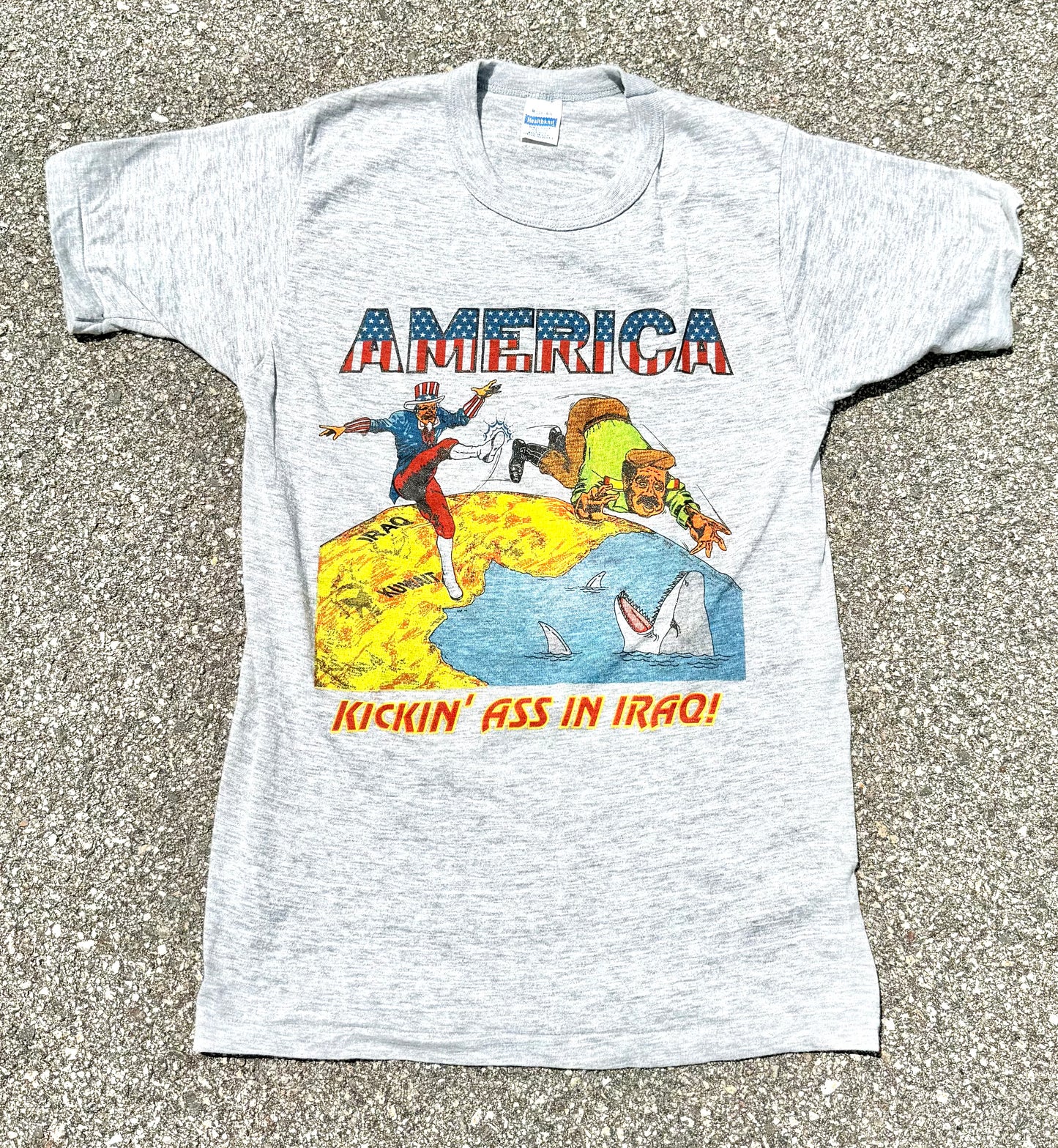 Vintage Conflict Desert Storm Uncle Sam vs. Saddam Iraq USA Military War 90's Single Stitch Shirt Small