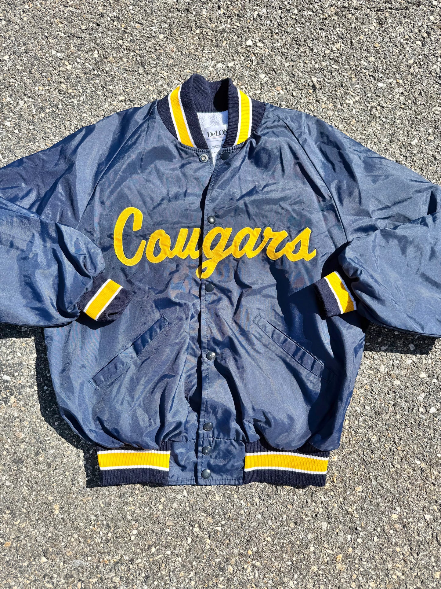 Vintage Cougars Retro DeLong Varsity Satin Bomber Jacket Size L Large Navy Blue