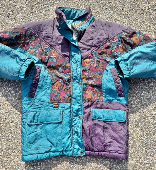 Vintage Bronton 80's Retro Crazy Floral Winter Ski Jacket Women's Size L Large