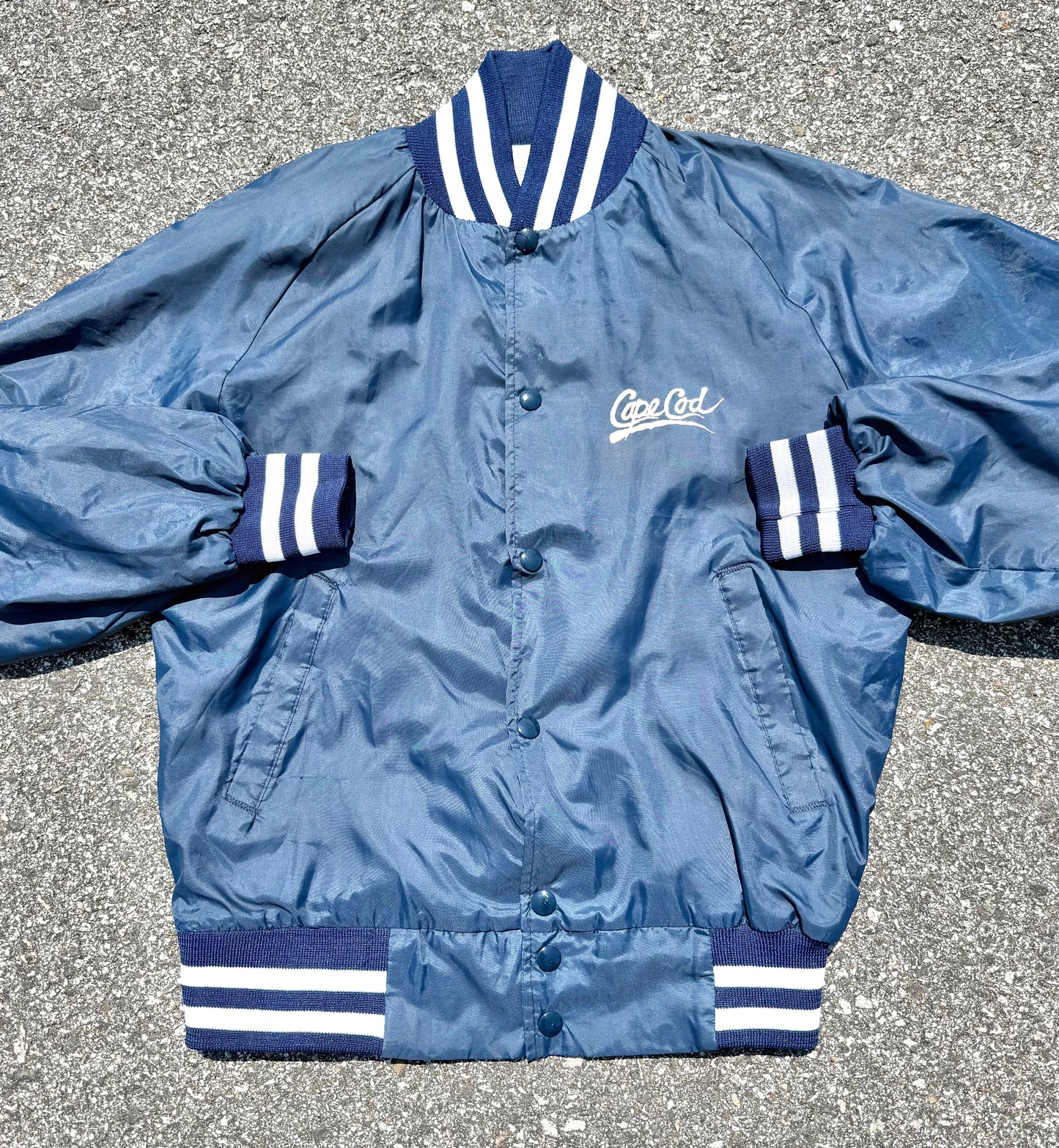 Vintage Cape Cod Massachusetts Retro 80's Satin Bomber Jacket Small Navy Blue