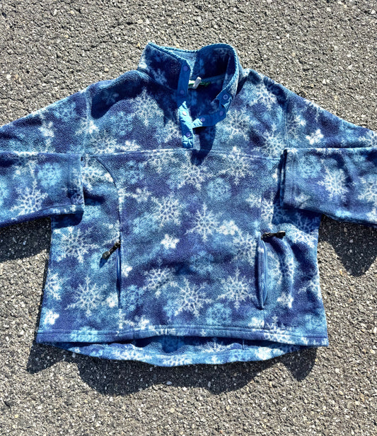 Vintage L.L. Bean Womens 90's All Over Print Snowflake Snap T Fleece Pullover Large