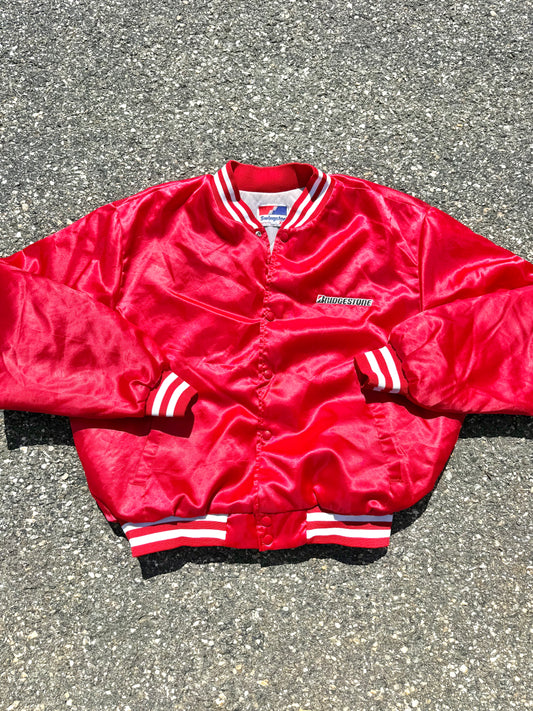 Vintage Swingster Bridgestone Tires Retro 80's Car Satin Bomber Jacket XL Red