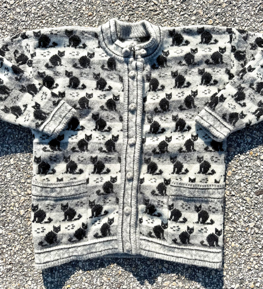 Vintage Black Cat Kitten Handknit Nordic Cardigan Sweater Women's Size L Large