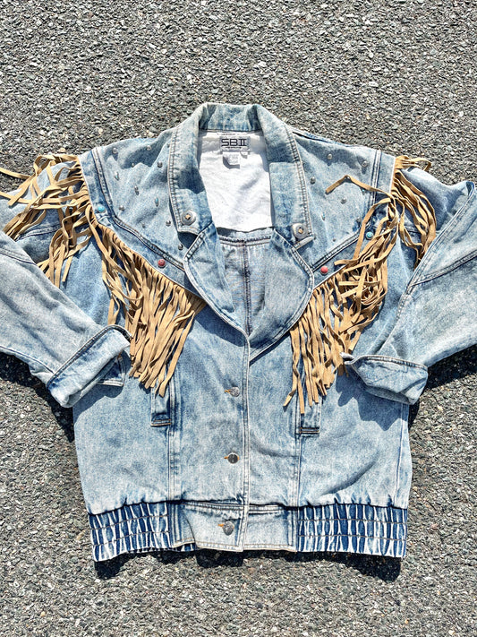 Vintage SB-II Betterman 80's Bedazzled Southwestern Tassel Denim Jacket Women's Size M Medium