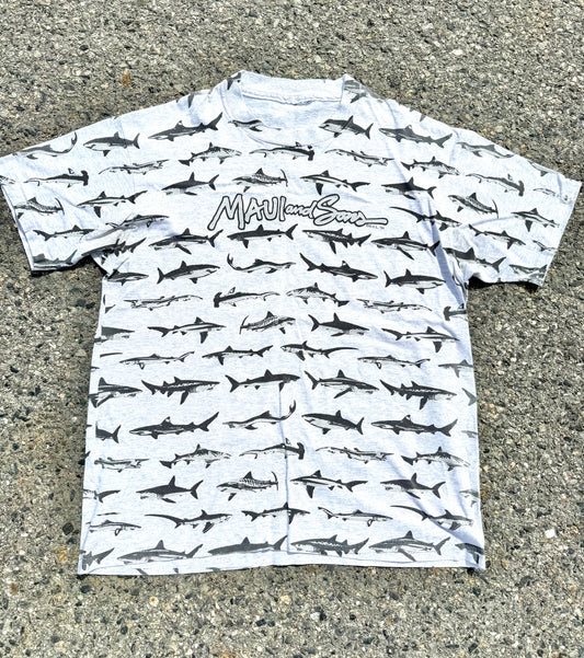 Vintage Maui and Sons 90's All Over Print AOP Shark T Shirt Single Stitch Size XL