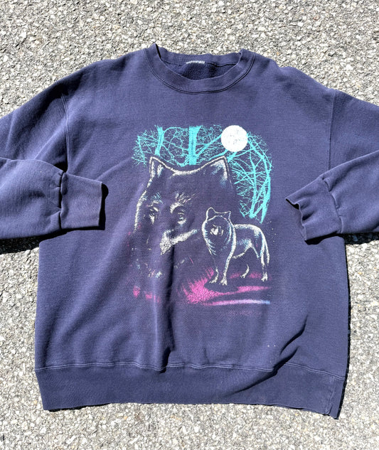 Vintage Wolf Wolves Nature 90's Retro Crewneck Sweatshirt Size L Large Navy