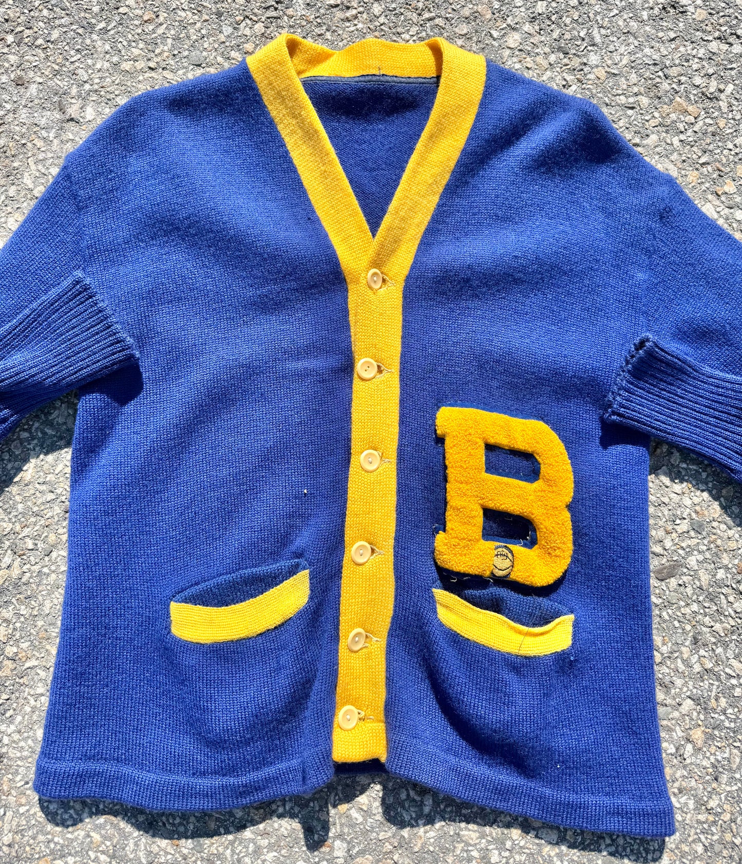 Vintage Varsity Football 50's Letterman Wool Cardigan Sweater Size M Medium Blue and Gold
