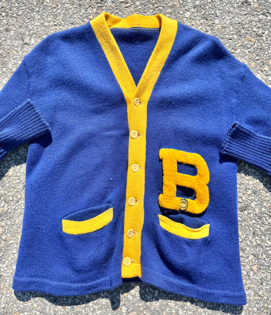 Vintage Varsity Football 50's Letterman Wool Cardigan Sweater Size M Medium Blue and Gold