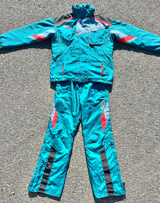 Vintage Spyder Mens Two Piece 90's Retro Ski Suit Jacket With Bib Pants Size L Large Teal Blue