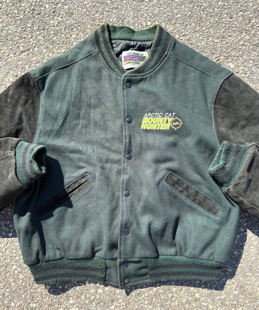 Vintage Arctic Cat Bounty Hunter Leather and Wool Retro 90's Bomber Jacket Size L Large