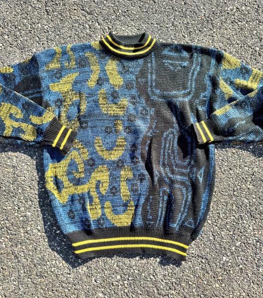 Vintage Sasson Crazy Print Coogi Style 80s Retro Knit Sweater Men's Size XL
