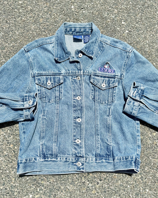 Vintage Disney Winnie the Pooh Eeyore Retro 90's Women's Blue Denim Jean Jacket Size L Large