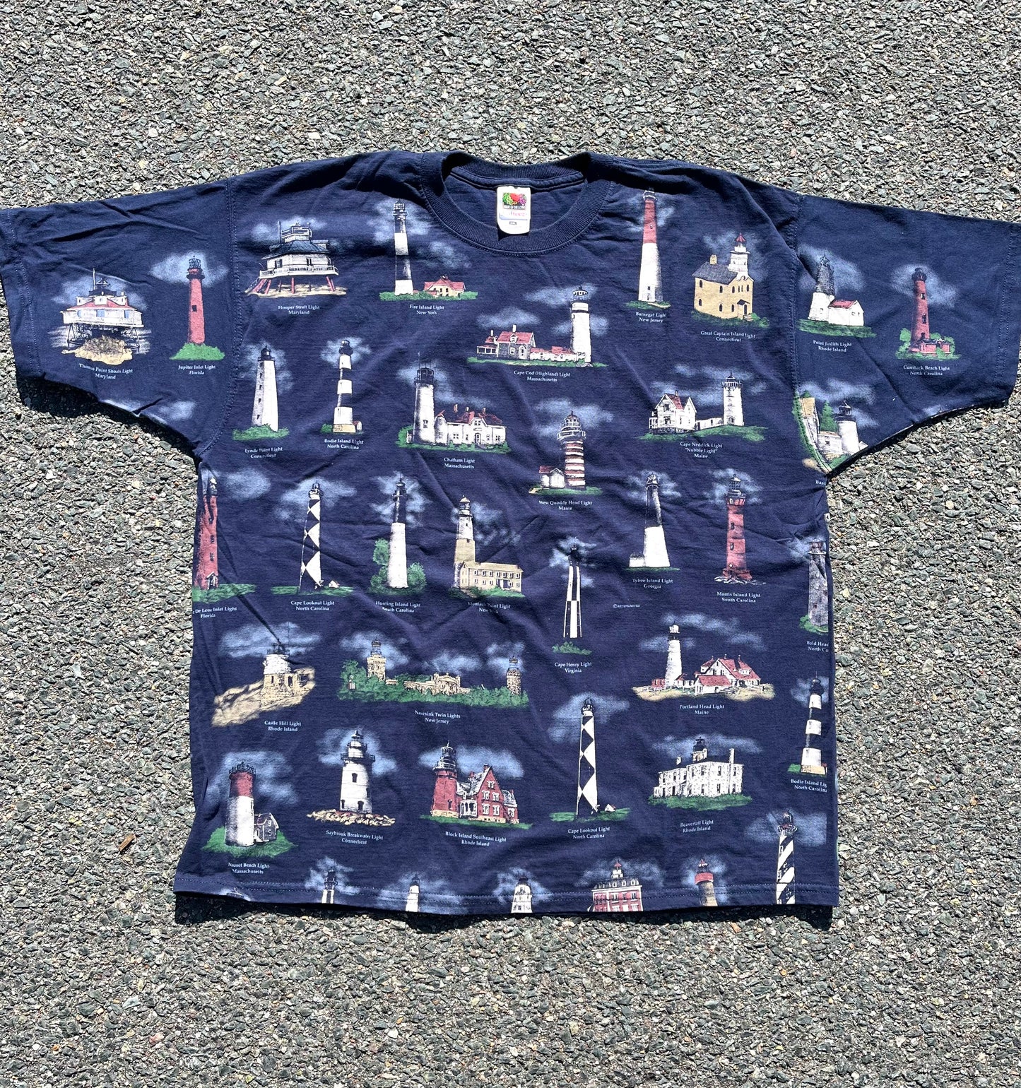 Vintage American Coastal Lighthouse 90's All Over Print AOP T Shirt Size 2XL Navy Blue