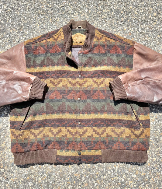 Vintage Woolrich Aztec Southwestern Wool Leather Mackinaw Bomber Jacket Coat 2XL