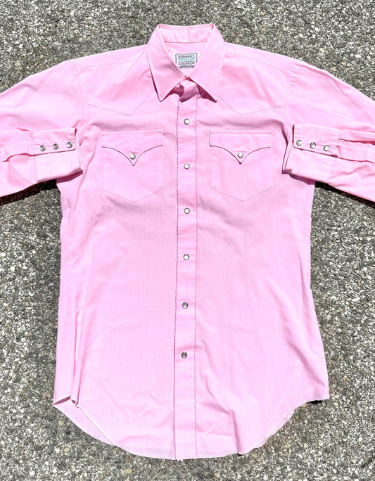 Vintage H Bar C California Ranch Wear Pink 70's Pearl Snap Rodeo Western Shirt Men's Size 15 1/2