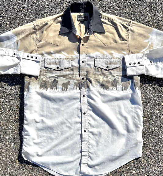 Vintage High Noon Cowboy Horse 90's Pearl Snap Western Button Up Shirt Size Large