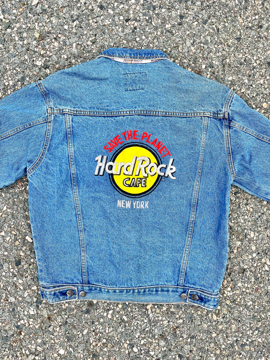 Vintage Hard Rock Cafe Save the Planet 90s Blue Denim Trucker Jean Jacket Size S Small