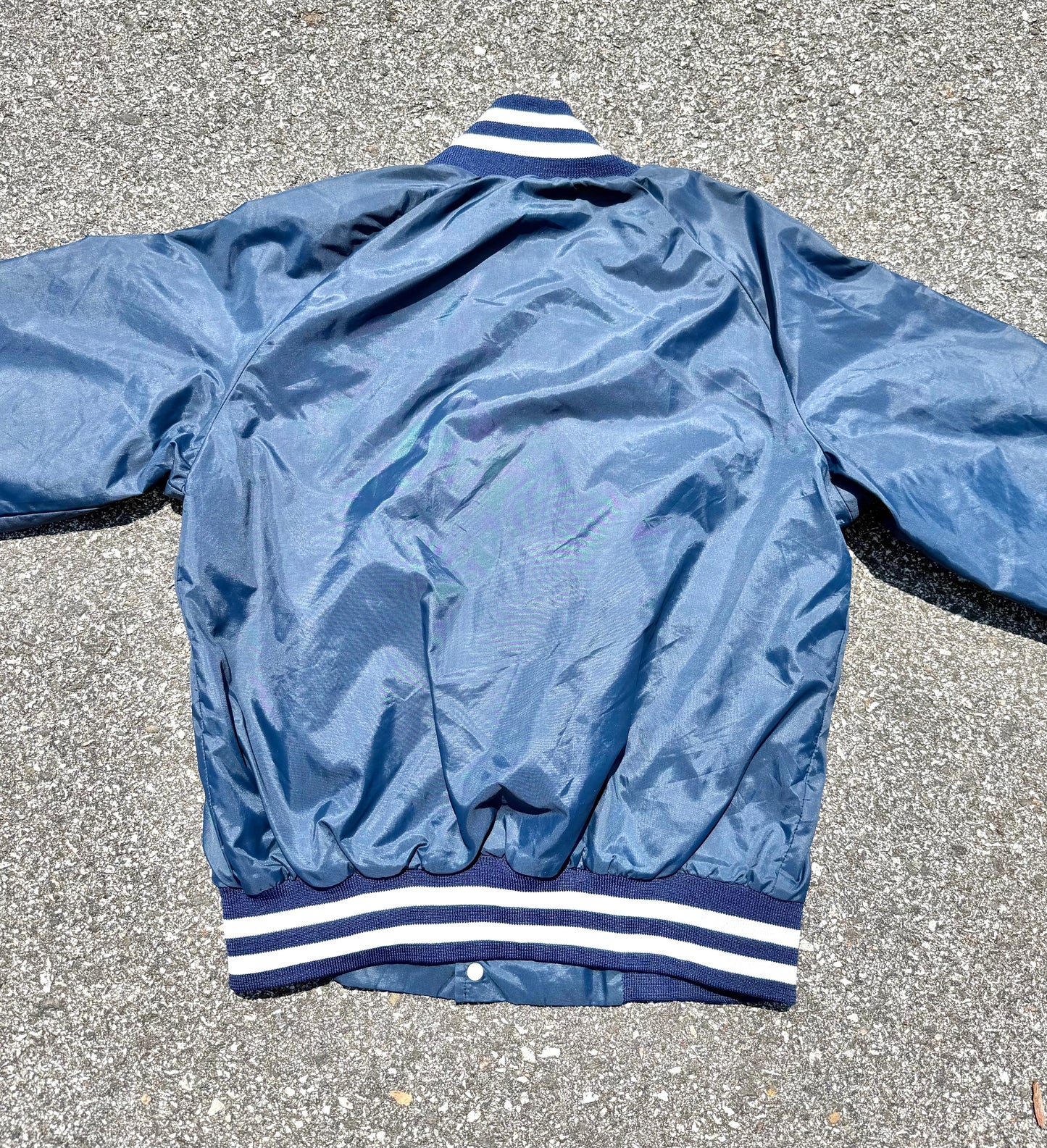 Vintage Cape Cod Massachusetts Retro 80's Satin Bomber Jacket Small Navy Blue