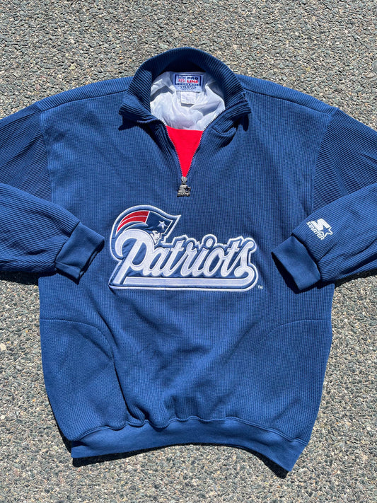 Vintage New England Patriots NFL Pro Line 1/4 Zip 90's Waffle Knit Starter Sweater Jacket XL