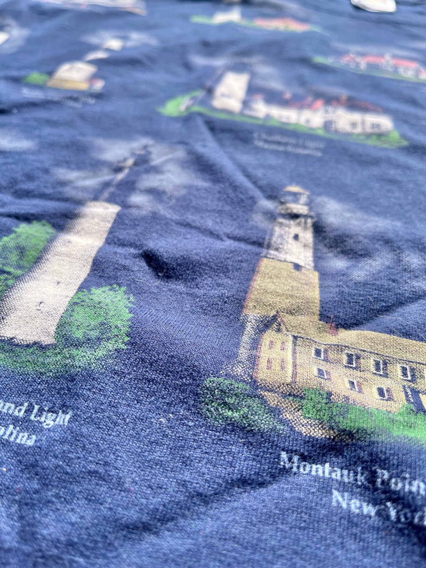 Vintage American Coastal Lighthouse 90's All Over Print AOP T Shirt Size 2XL Navy Blue