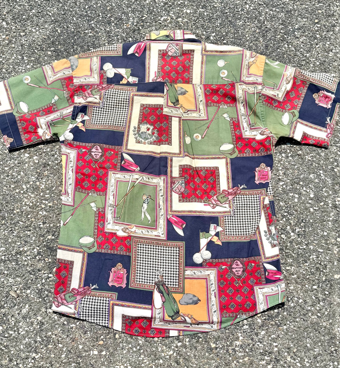 Vintage Natural Issue All Over Print Golf Patchwork Short Sleeve Button Up Shirt Large
