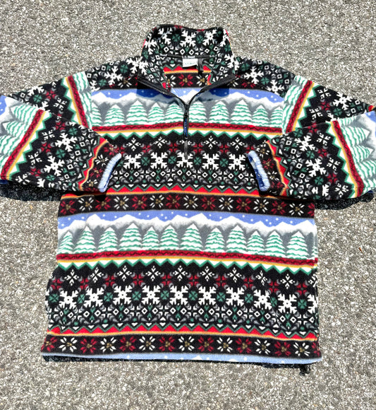 Vintage LL Bean Nordic Geometric Winter 1/4 Zip Fleece Pullover Sweater XL