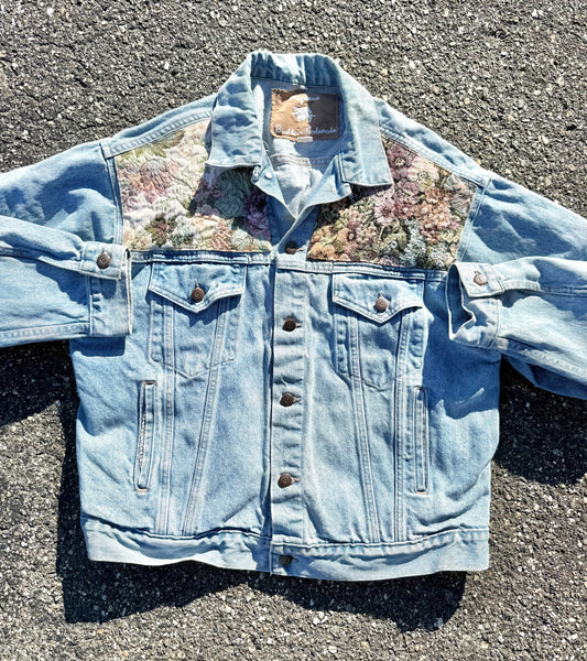 Vintage Pegasus Boulder, Colorado Floral Needlepoint Blue Jean Denim Jacket Women's Large