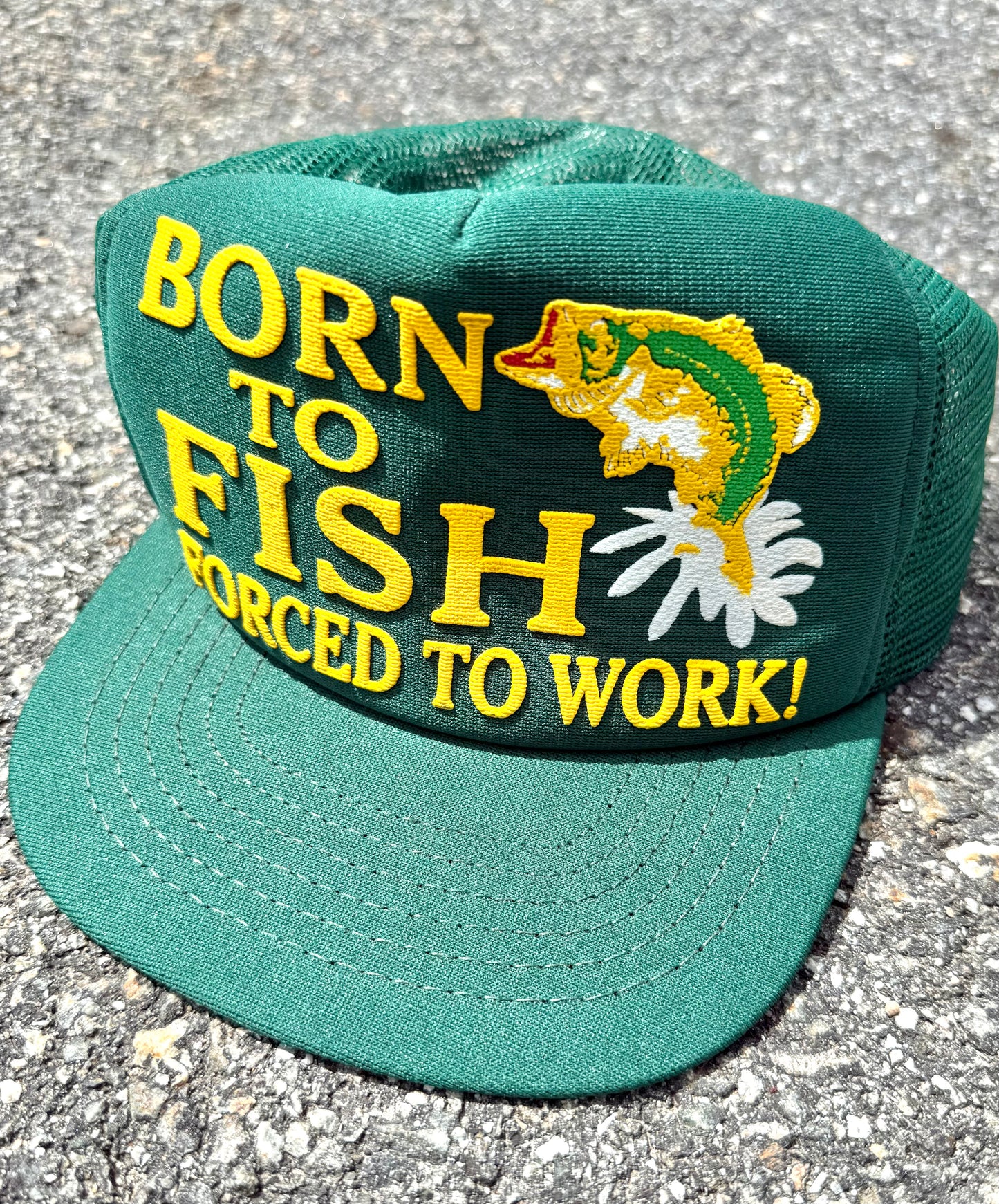 Vintage Born to Fish Fishing Retro 80's Spell Out Trucker Snapback Hat Green