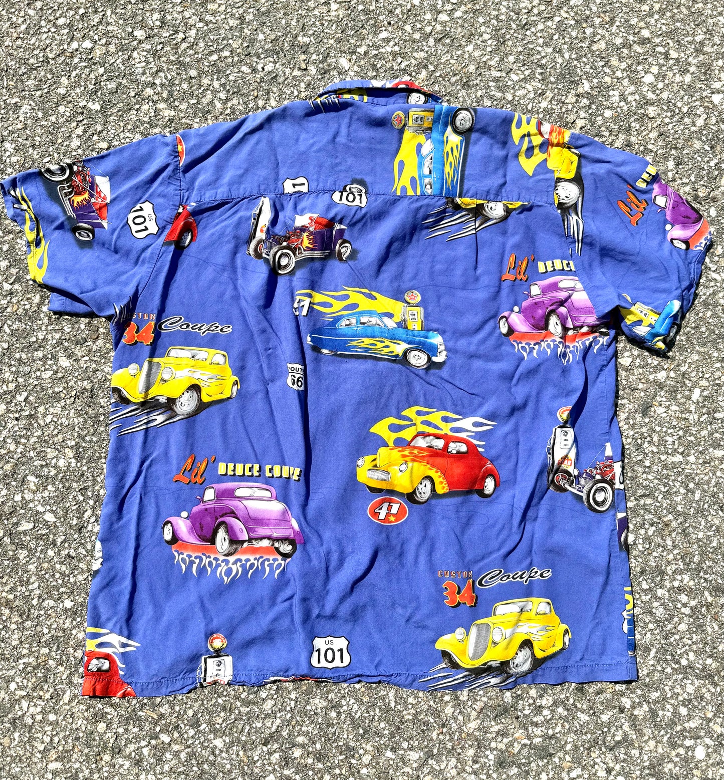 Vintage Paradise Found Hot Rod Classic Cars All Over Print Hawaiian Shirt Size L Large
