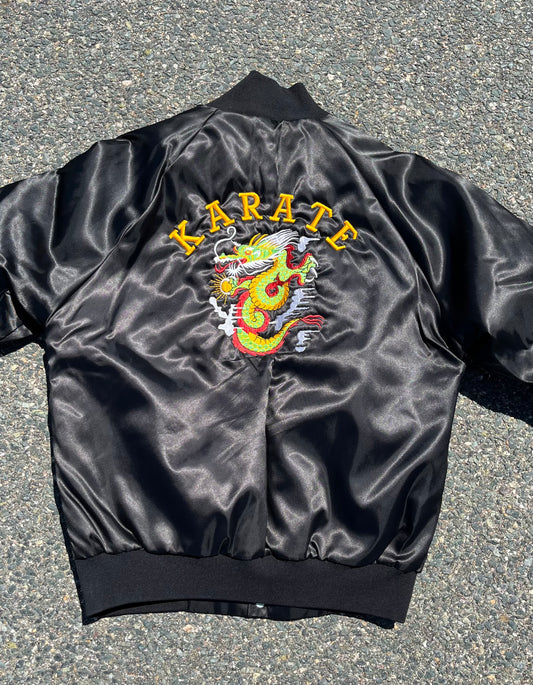 Vintage Karate Embroidered Dragon Asian Black Satin Bomber Jacket Mens Size S Small