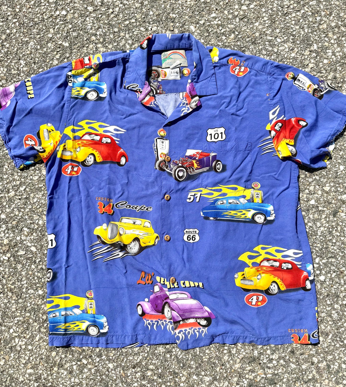 Vintage Paradise Found Hot Rod Classic Cars All Over Print Hawaiian Shirt Size L Large